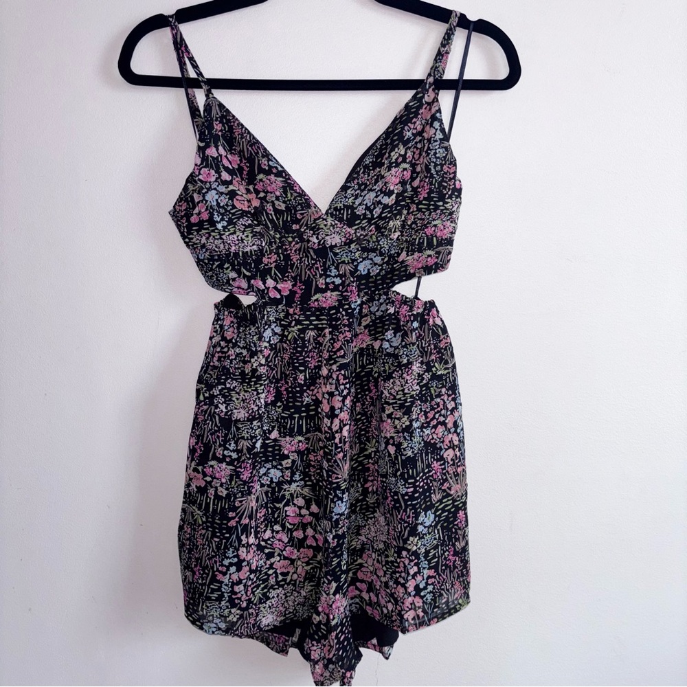 Black Floral Print Backless Romper